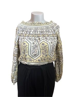 Wrangler Retro Smocked Off-Shoulder Paisley Blouse in Yellow and Cream